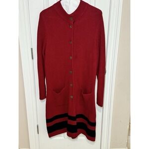 Ralph Lauren Long Heavy Cardigan Sweater Womens Size 1X Red/Black  Stripe Ribbed